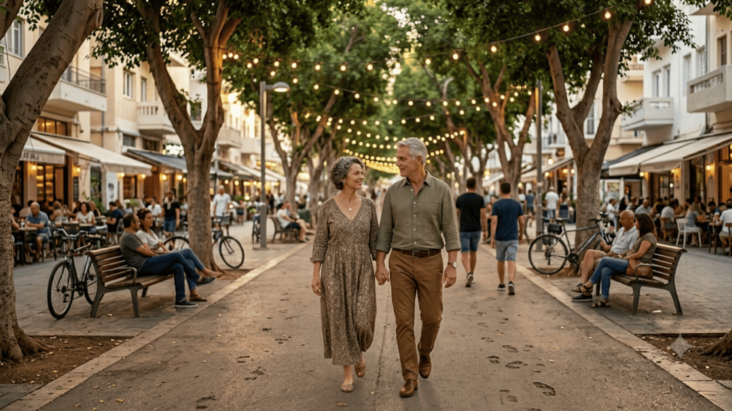 A couple in conversation while walking along Rothschild Boulevard in Tel Aviv, representing real connection through spoken Hebrew
