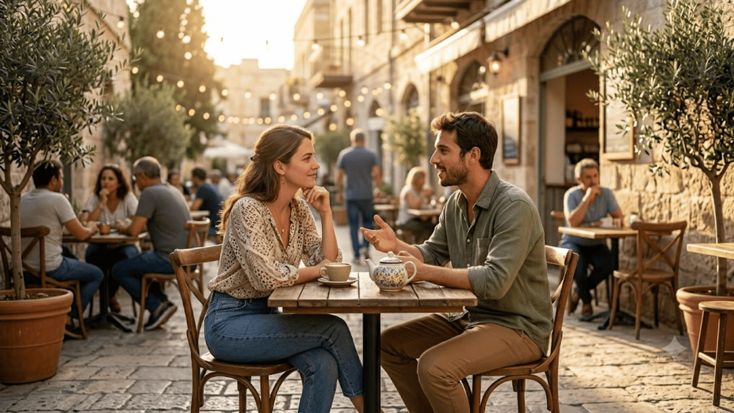 Two people in a warm, real conversation, representing what conversational Hebrew actually looks like