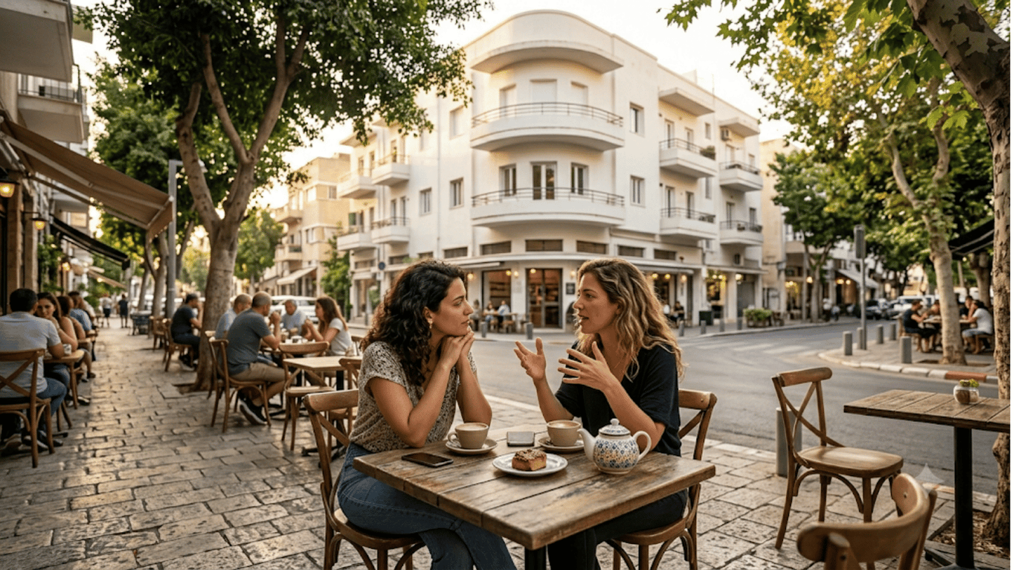 Two women in conversation at an outdoor cafe in Tel Aviv, one giving the other feedback while she practices speaking Hebrew