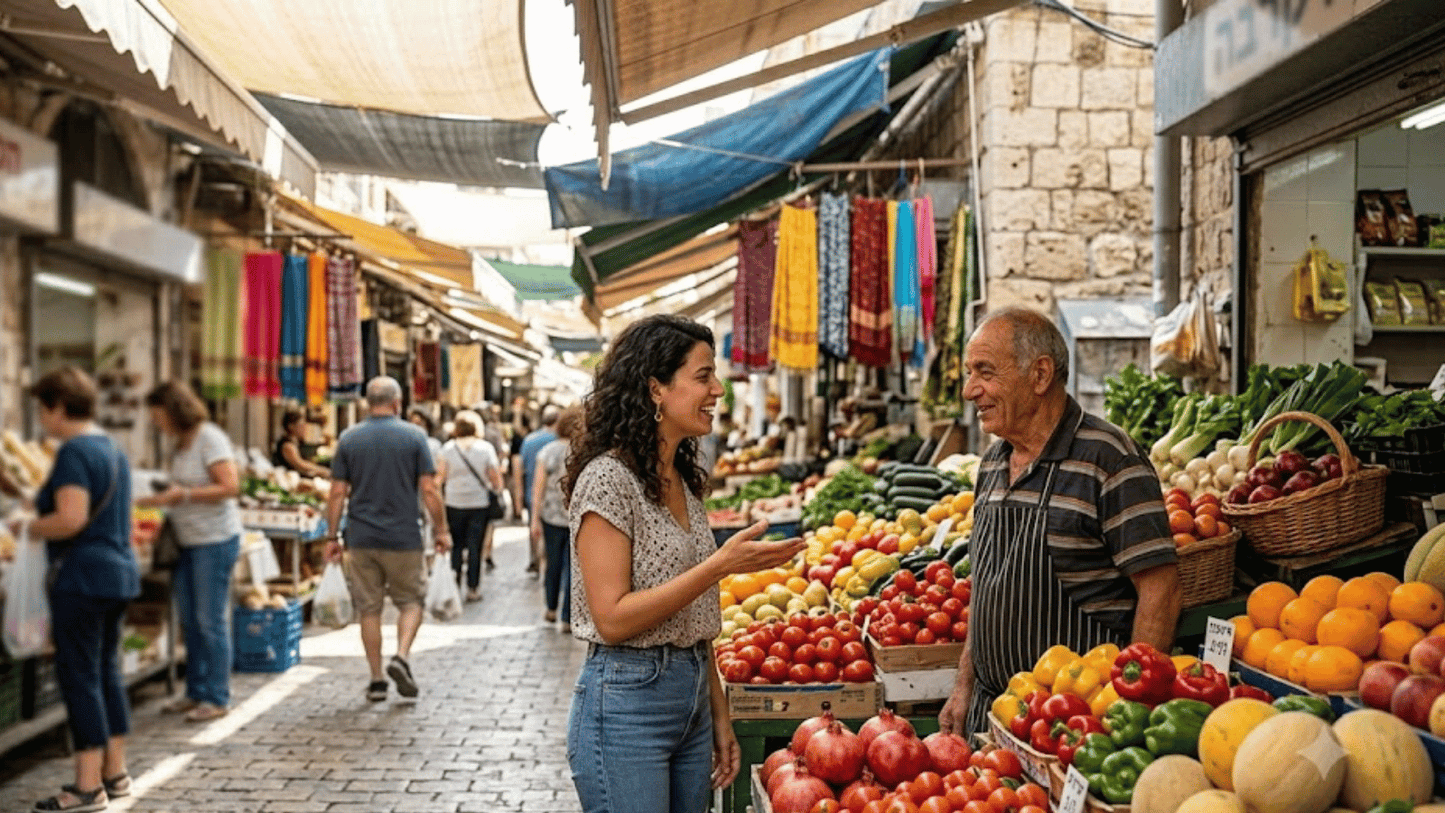 A woman speaking Hebrew with a vendor at Shuk HaCarmel market in Tel Aviv, having a conversation without needing to read Hebrew signs