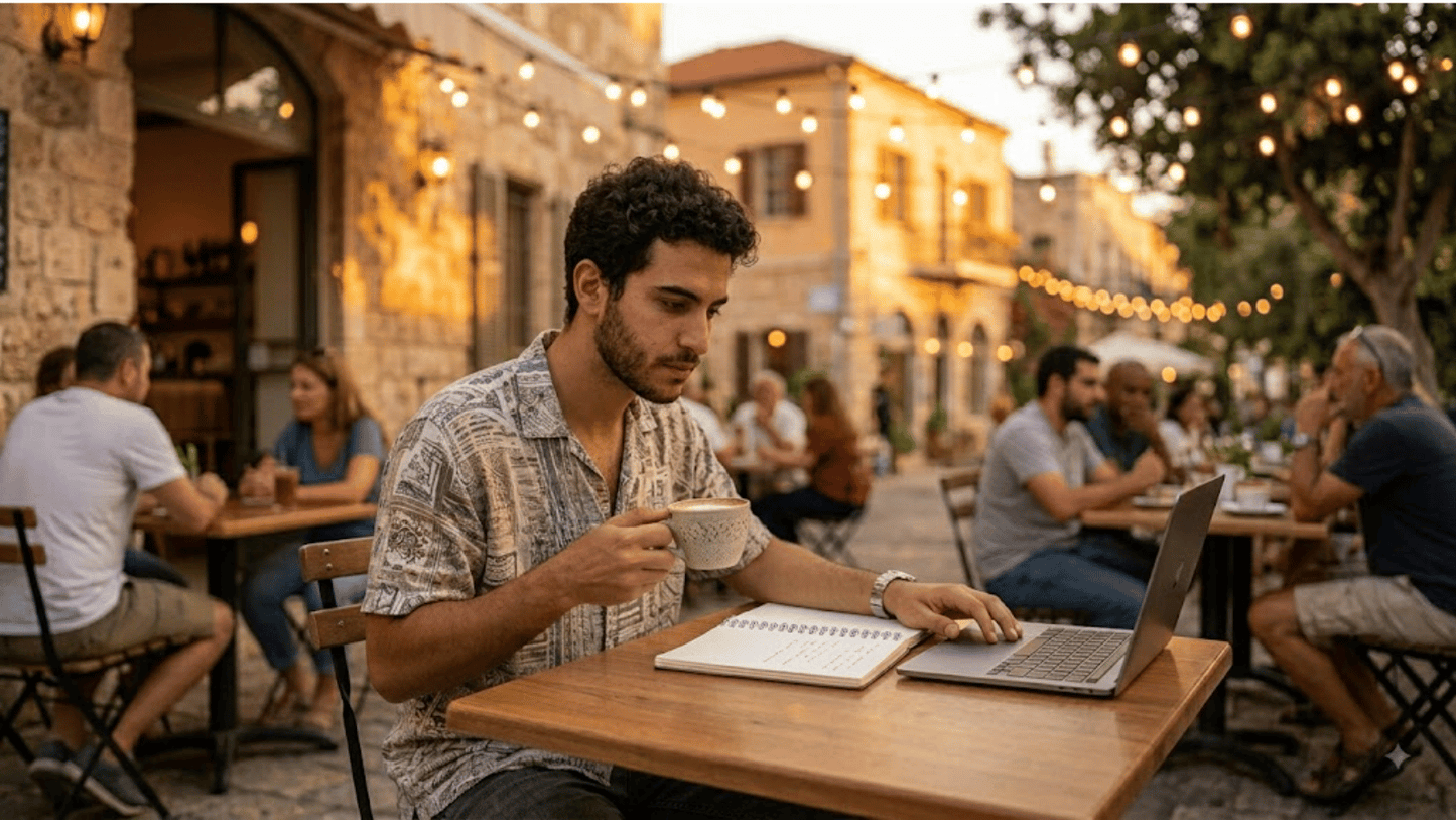 Woman comparing Hebrew course options at an outdoor cafe table, deciding how to choose a Hebrew course