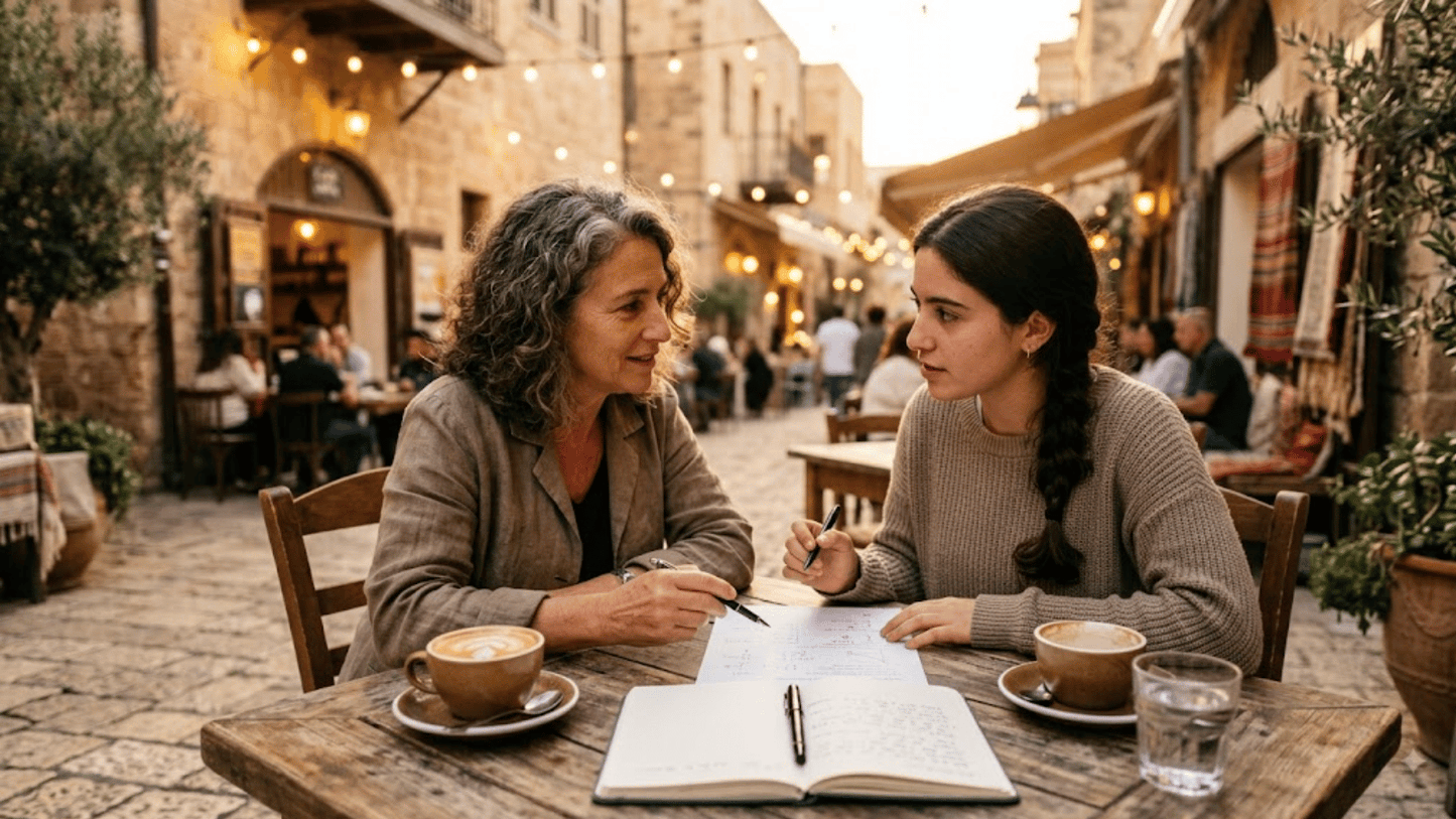 Hebrew teacher and student reviewing lesson notes together at an outdoor cafe table, weighing the value of a Hebrew program